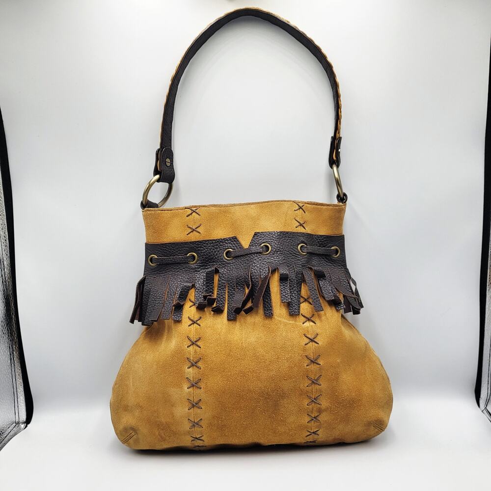 Vintage Inge Sport Boho Yellow Tan Suede Stitched Fringe Accent Shoulder Bag - Picture 2 of 12
